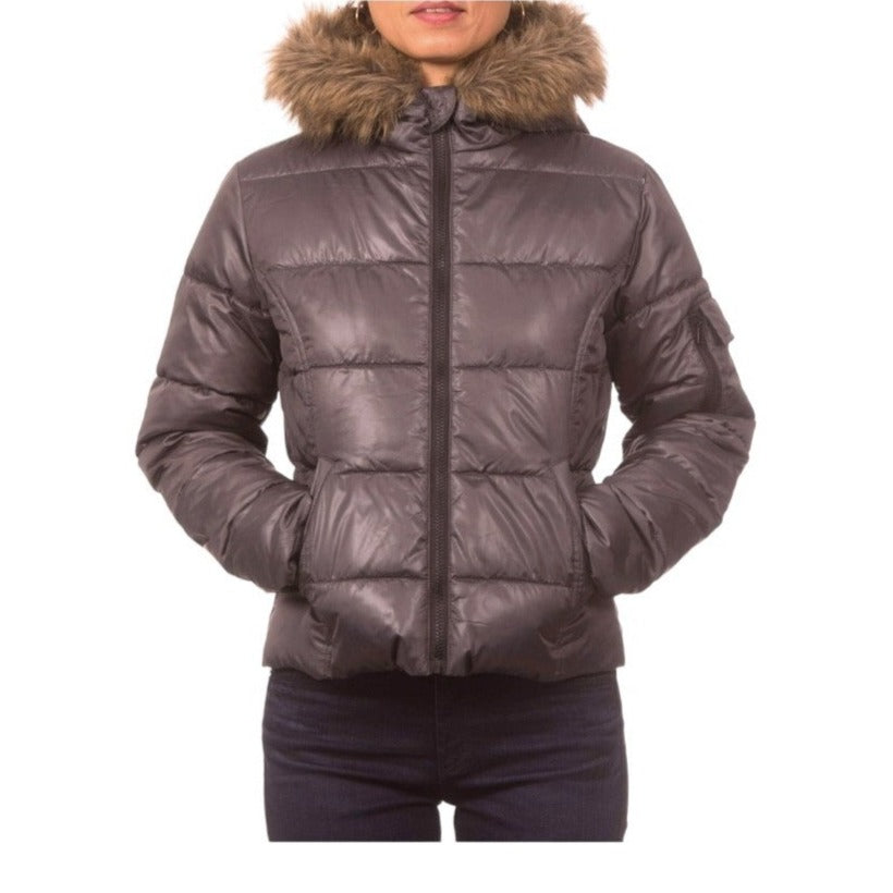 Pink Platinum Down Blend Lightweight Hooded Puffer Jacket With Faux Fur Rim, Gunmetal, JUNIORS Size Large