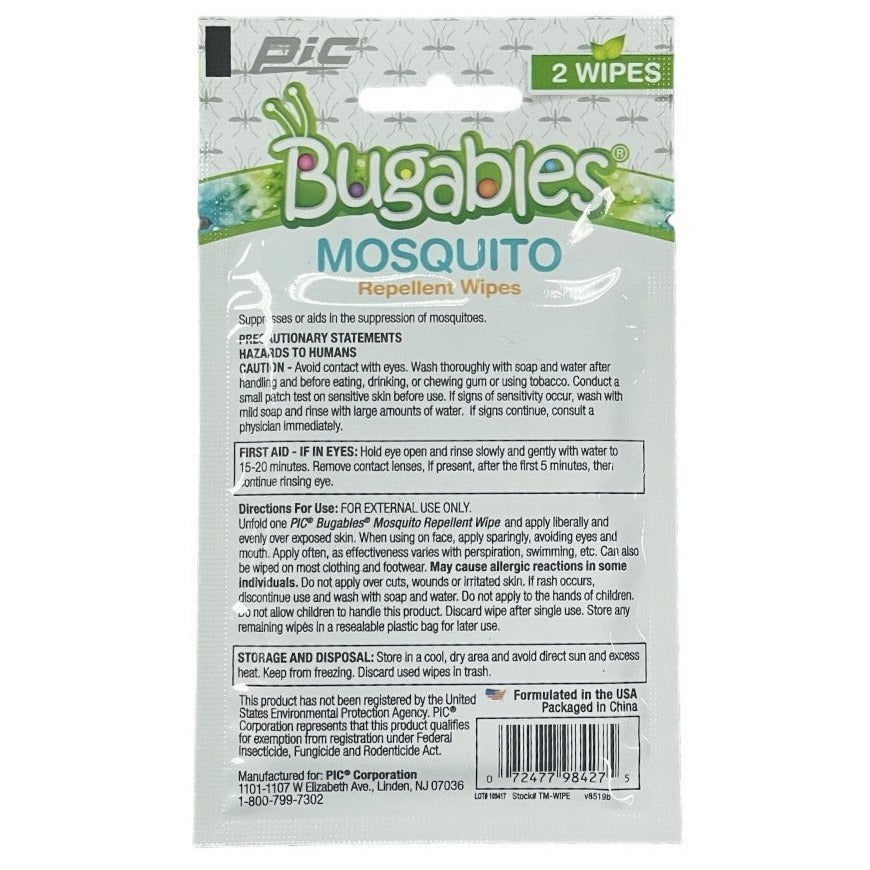 PIC Bugables Deet Free Essential Oils Mosquito Repellent Wipes, 2 Wipes Per Pack - 72 Packs Lot camping supplies