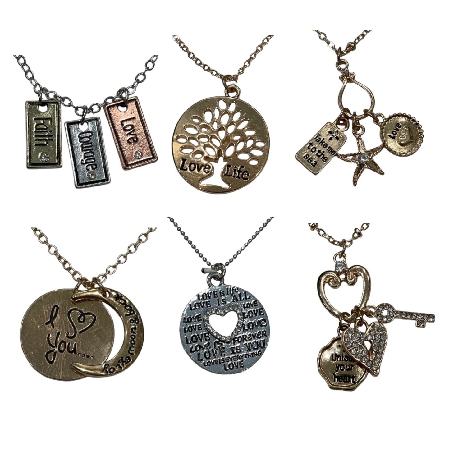 Overstock Jewerly - 18" Adjustable Necklace & Charms, Assortment Of 6 Styles, Faith, Family, Love - 80 PCs Lot excess inventory surplus wholesale liquidations fashion jewelry