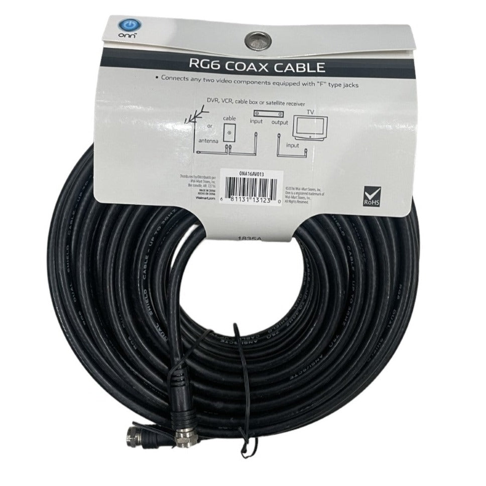 ONN RG6 Coax Cable 50 Feet For F Type Jacks, For TV Satellite Cable Antenna DVR, VCR , ONA16AV013