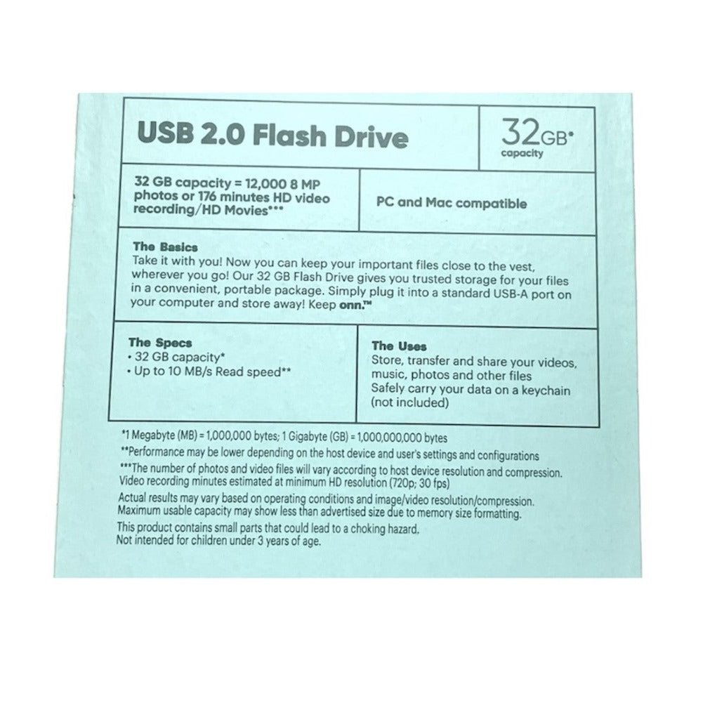 ONN USB 2.0 Flash Drive 32GB, Up To 10 MB/s Read