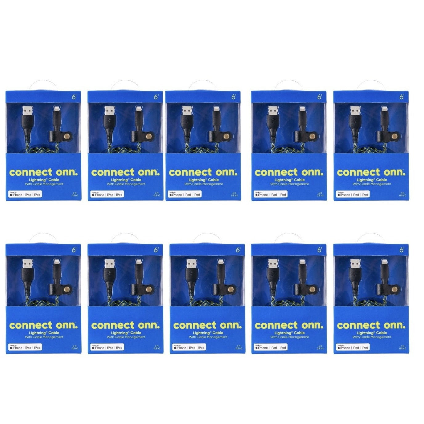 Connect Onn USB To Lightning Cable 6 Ft W/Cable Management - Wholesale Lot Of 20