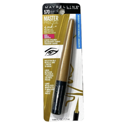 makeup cosmetics liquidations, HBA in bulk, lotes Shelf Pull Makeup -Maybelline New York Master Precise Ink Metallic 570 Solar Gold - 36 Units lote de cosmeticos maquillaje al por mayor