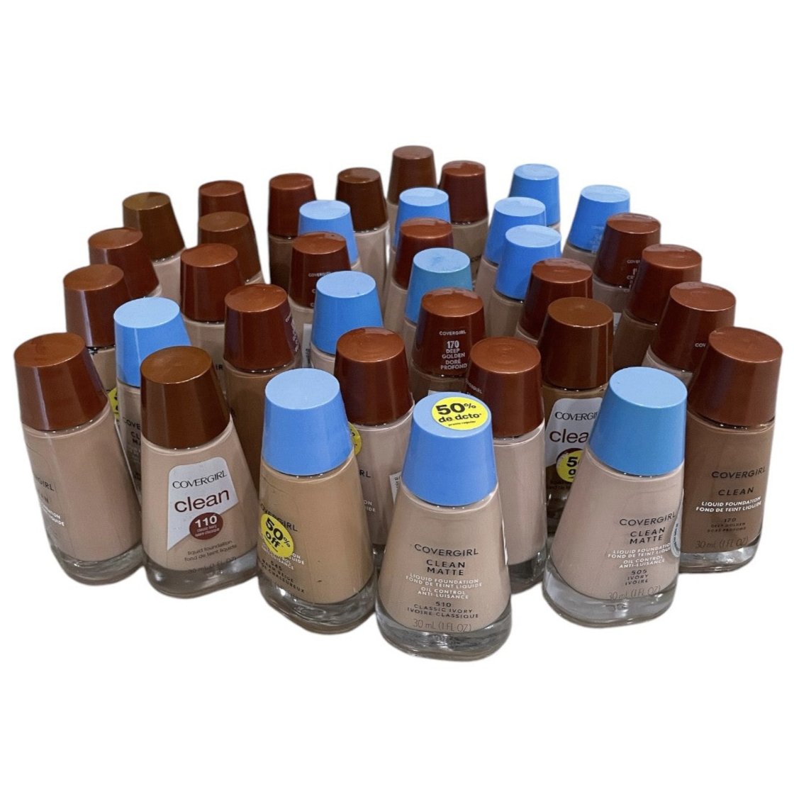 Shelf Pull Makeup - COVERGIRL Clean Regular & Matte Liquid Foundation, Assorted, 1 FL OZ - 36 PCs Lot cosmetics liquidation wholesale overstock inventpry for ecommerce, boutiques flea market HBA