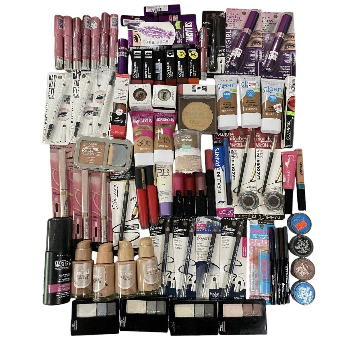 Shelf Pull Makeup - L'Oreal, Maybelline, Covergirl Cosmetics Mixed Box, Assorted Products, Eyes, Face, Lips & More - 75 PCs Lot wholesale overstock inventory for boutiques flea market vendors ecommerce ebay amazon