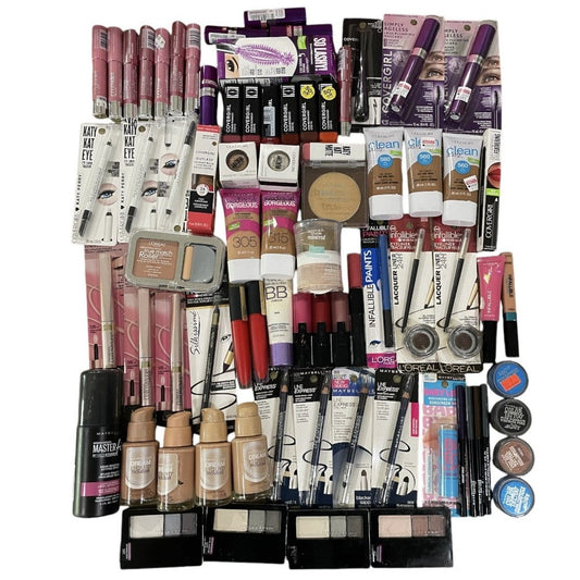 Shelf Pull Makeup - L'Oreal, Maybelline, Covergirl Cosmetics Mixed Box, Assorted Products, Eyes, Face, Lips & More - 75 PCs Lot wholesale overstock inventory for boutiques flea market vendors ecommerce ebay amazon