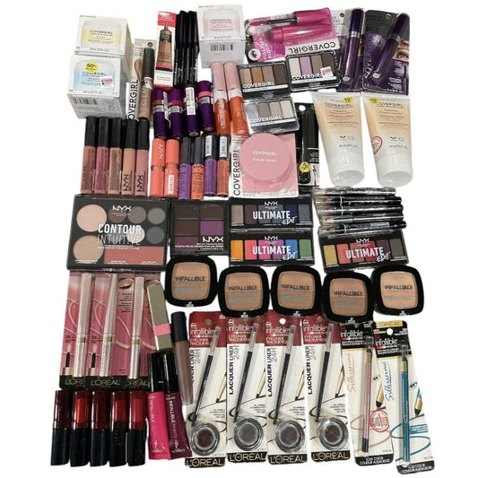 Shelf Pull Makeup - L'Oreal, NYX, Covergirl Cosmetics Mixed Box, Assorted Products - 70 PCs Lot cosmetics liquidationswholesale inventory for amazon, ebay, ecommerce flea market boutique