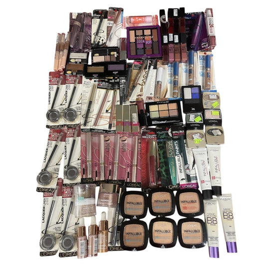Shelf Pull Makeup - L'Oreal, Maybelline Cosmetics Mixed Box, Assorted Products - 75 PCs Lot liquidations iventory for ecommerce ebay amazon boutique overstock wholesale surplus