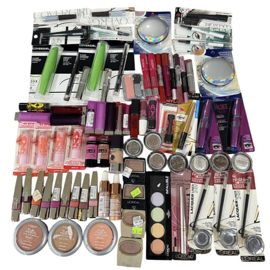 Shelf Pull Makeup - L'Oreal, Maybelline, Covergirl Cosmetics Mixed Box, Assorted Products - 76 PCs Lot cosmetics liquidation wholesale oberstock resellers amazon ebay boutique inventory