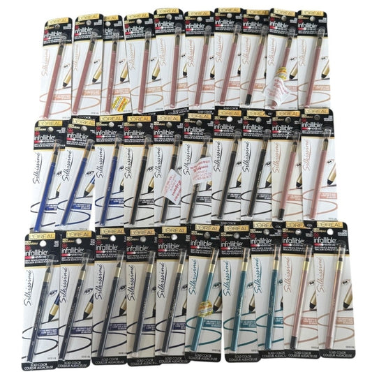 Shelf Pull Makeup - L'Oréal Paris Infallible Never Fail silky pencil Sharpenable Eyeliner, Assorted Shades - 30 PCs Lot cosmetics liquidations overstock wholesale inventory for amazon ebay ecommerce boutiques