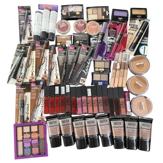 Shelf Pull Makeup - Maybelline New York, Assorted Products Mixed Box, Lips, Face, Eyes & More - 60 PCs Lot wholesale cosmetics liquidation inventory ecommerce ebay amazon flea market boutique garage sale