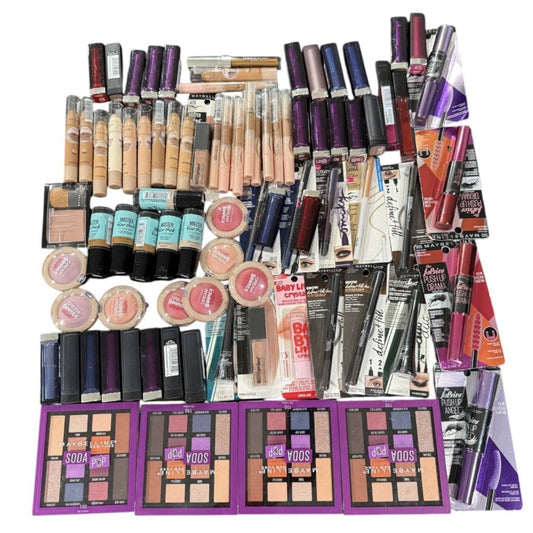 Shelf Pull Makeup - Maybelline New York, Assorted Products Mixed Box, Lips, Face, Eyes & More - 85 PCs Lot cpsmetocs ;iquidation wholesale inventory ebay amazon ecommerce flea market boutique garage sale