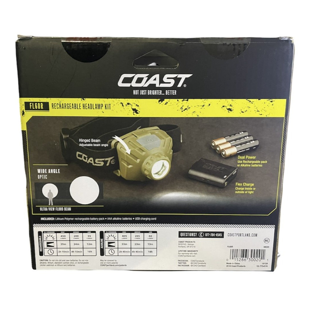 COAST FL60R Rechargeable Dual Power 450 Lumen Wide Angle Flood Beam Focusing LED Headlamp