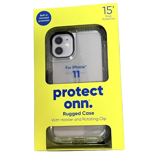 Protect Onn Rugged Case With Holster And Rotating Clip For iPhone 11 - Clear