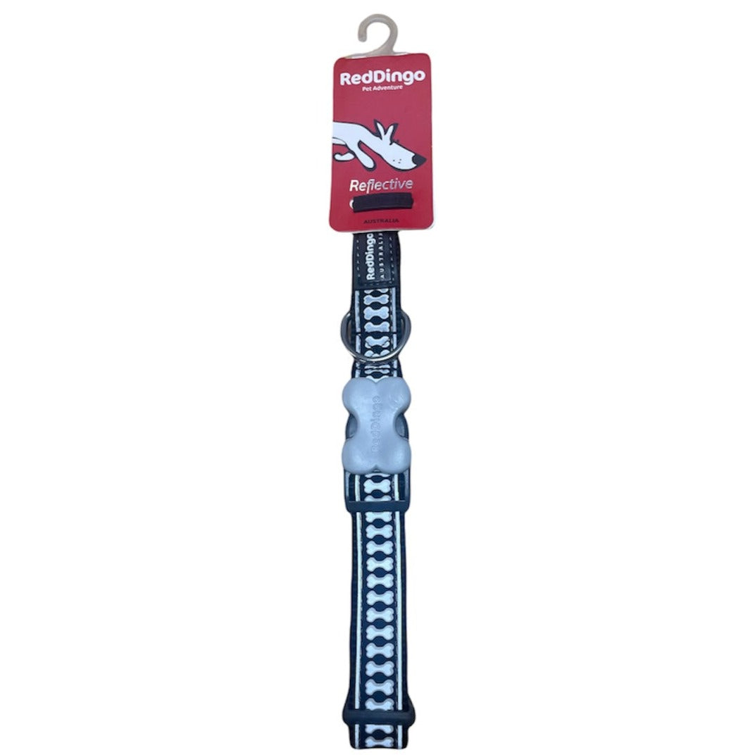RedDingo Reflective Dog Collar, Medium, Neck Adjustable, Bones Black