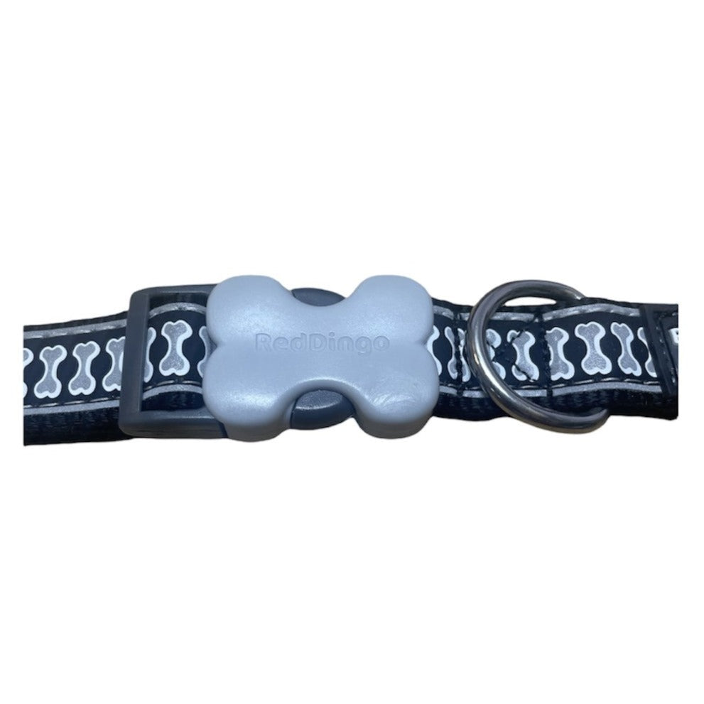 RedDingo Reflective Dog Collar, Medium, Neck Adjustable, Bones Black