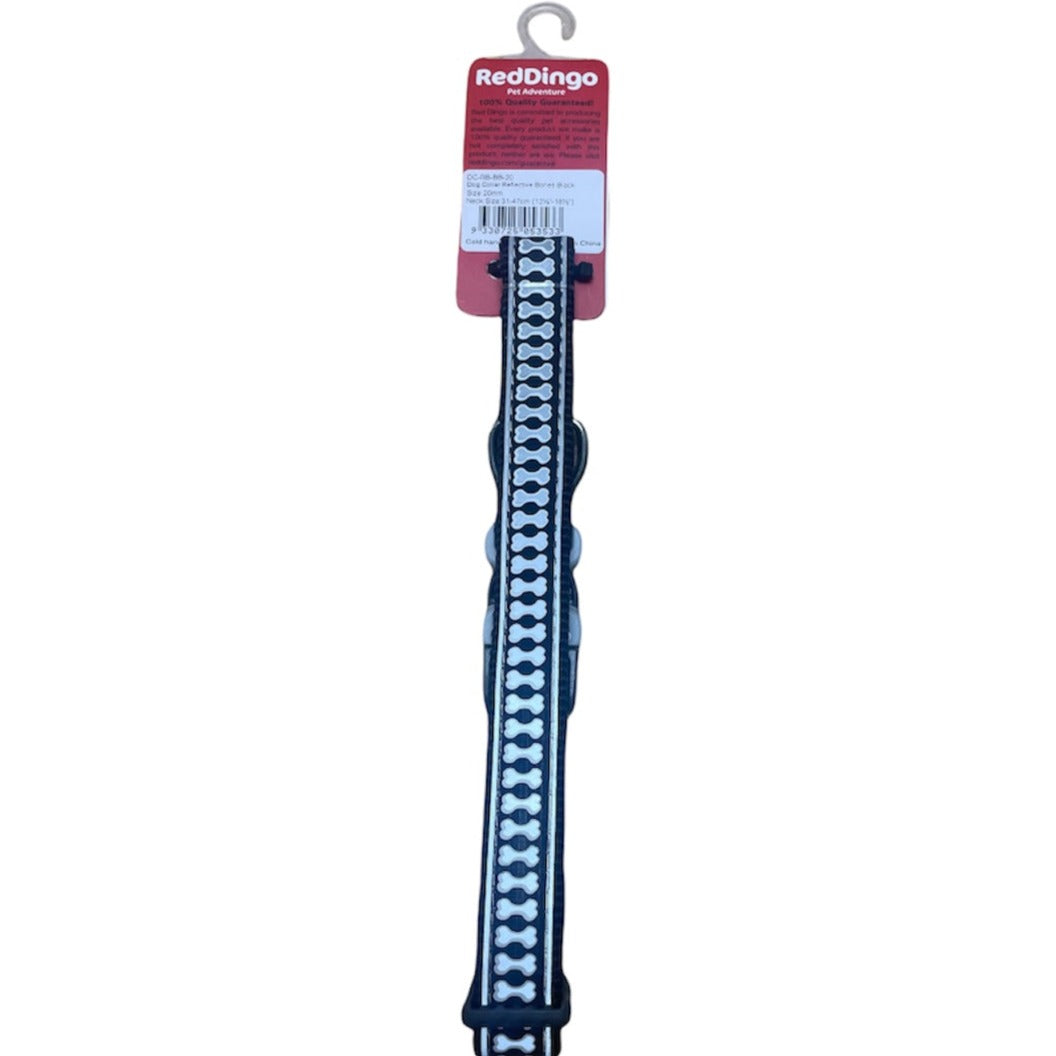 RedDingo Reflective Dog Collar, Medium, Neck Adjustable, Bones Black