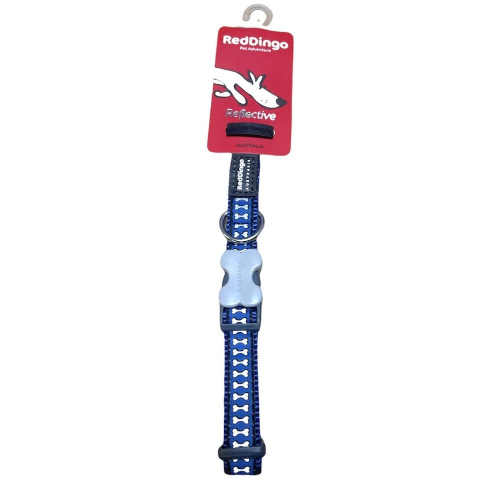 Red Dingo Reflective Dog Collar, Small, Neck Adjustable, Bones Blue