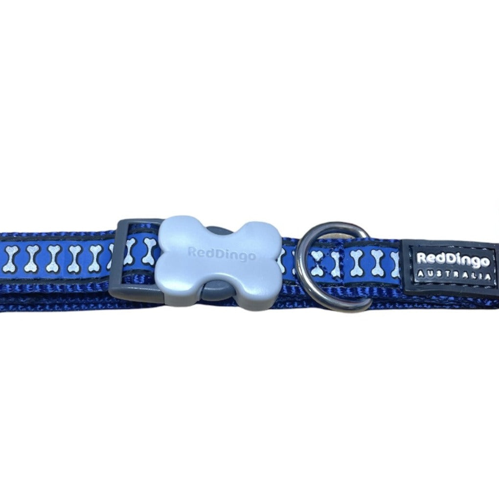 Red Dingo Reflective Dog Collar, Small, Neck Adjustable, Bones Blue